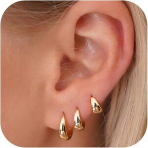 Small Gold Hoop Earrings Set, 14K Gold Plated Chunky Huggies, Hypoallergenic